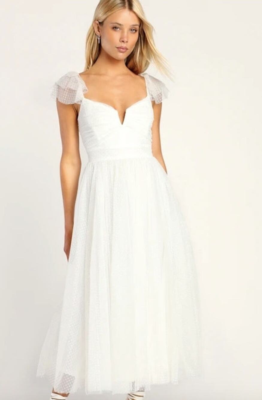 Lulus Flirtatious Feeling White Tulle Flutter Sleeve A-Line Midi Dress Size S